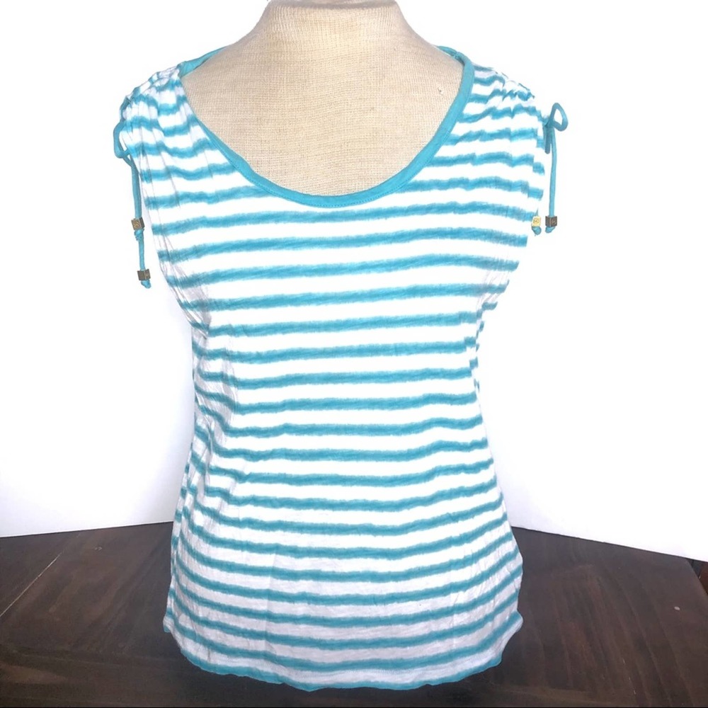 MICHAEL Michael Kors Blue/White Striped Cold Shoulder Top Size Petite Large